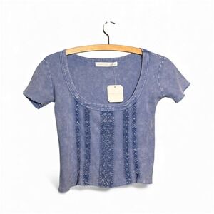 NWT Altar'd State‎ Crop Top Womens Sz L Blue Boho Embroidered Short Sleeve NEW